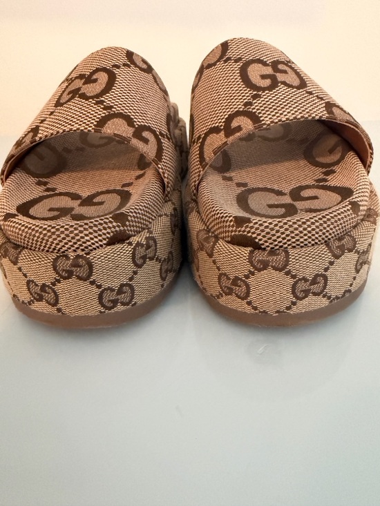 Gucci Shoes - GG Monogram Platform Slide Sandals - Brown